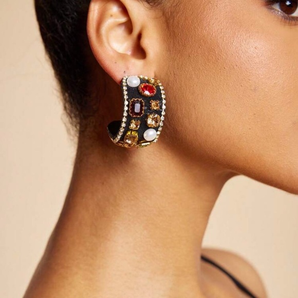 2/$30🌵 Bejeweled Thick Black Hoop Earrings Rhinestone Faux Pearl Royalty NEW - Picture 2 of 16